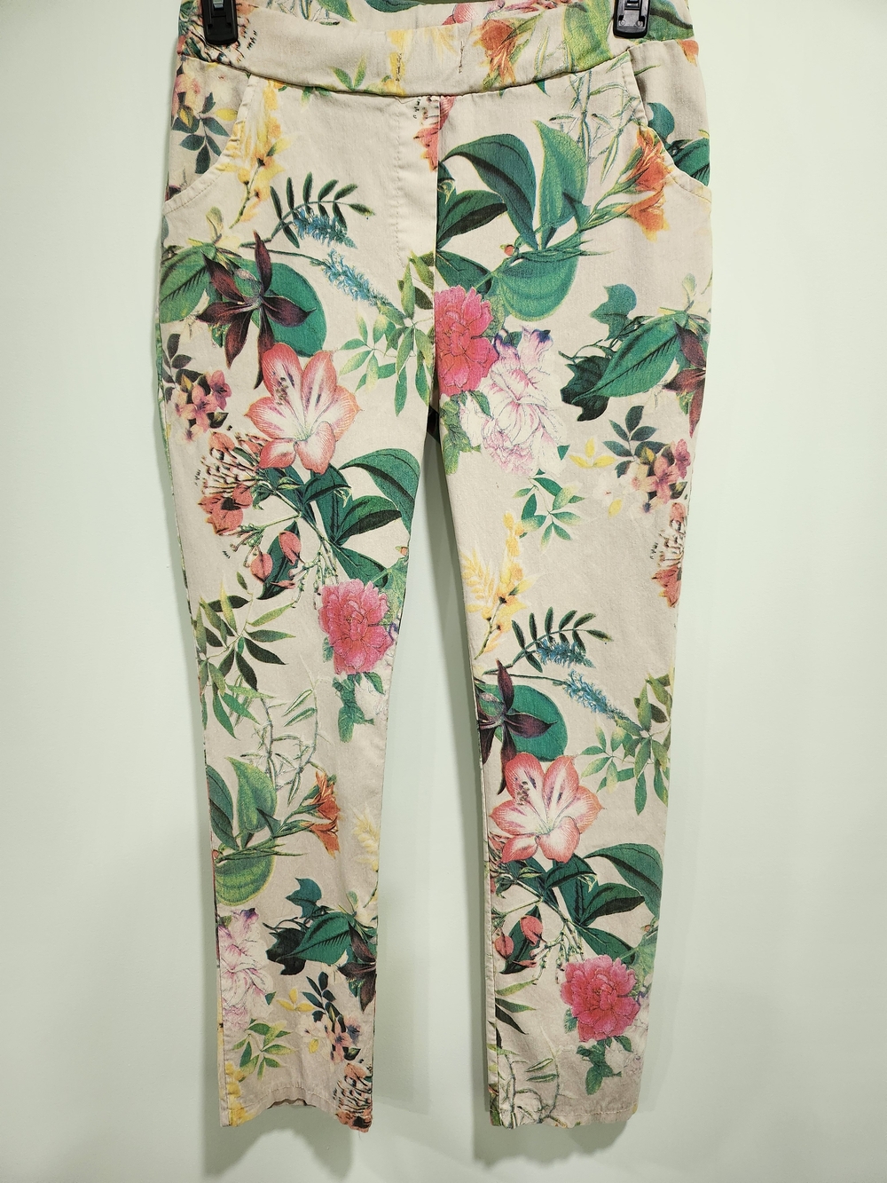 Beige Floral Skinny Pants with Tropical Print Magic Pants